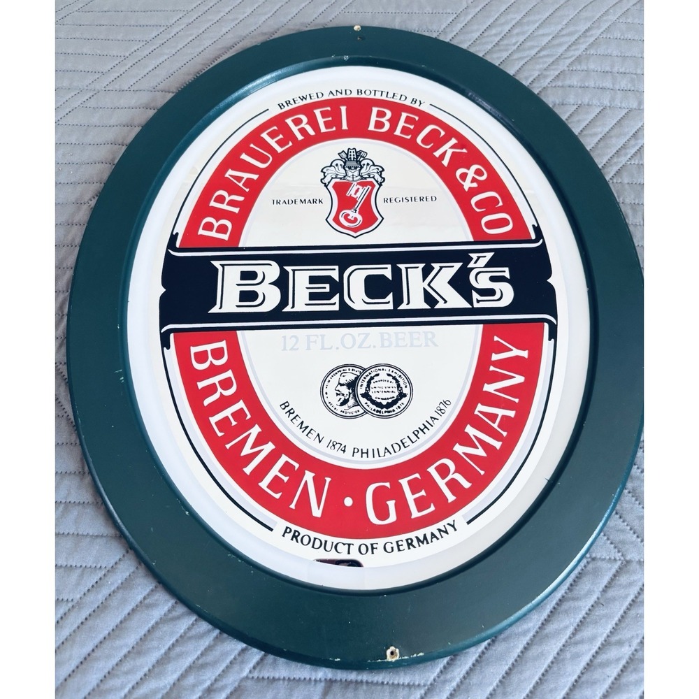 Vintage Beck's Beer Mirror Sign Oval Wood Framed Bremen Germany Man Cave Bar